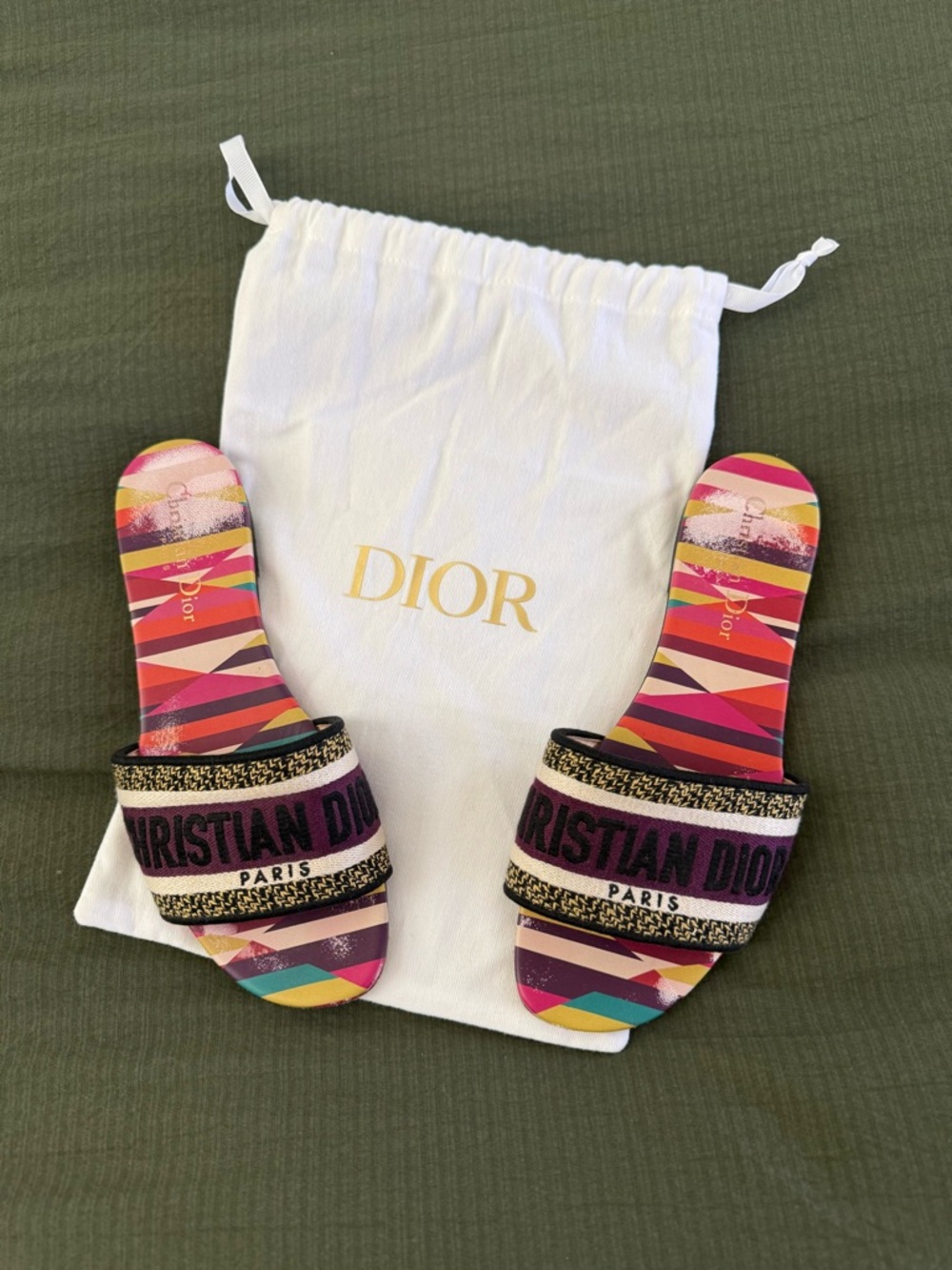 AUTHENTIC : Dior Multicolor Pink & Purple Striped Slide Sandals